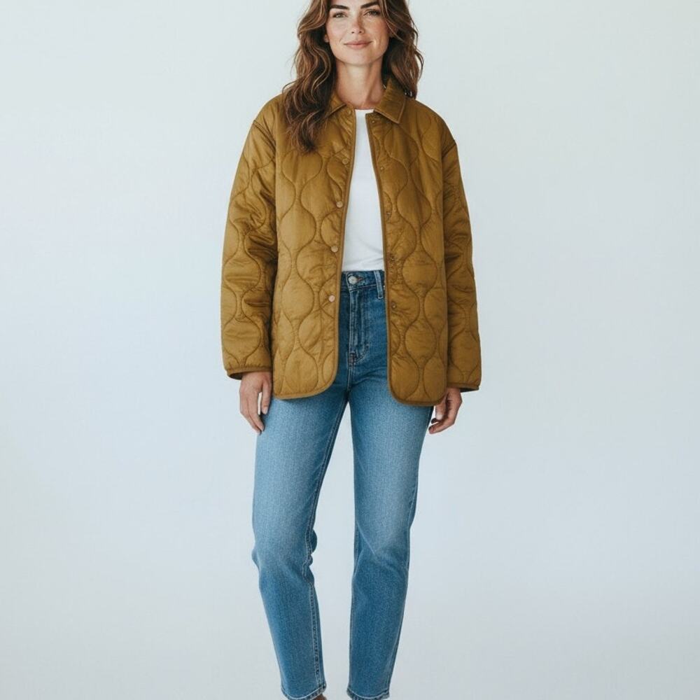 Dylan True Grit Quilted Flight Coat Womens Medium Gold Button‎ Down Lightweight